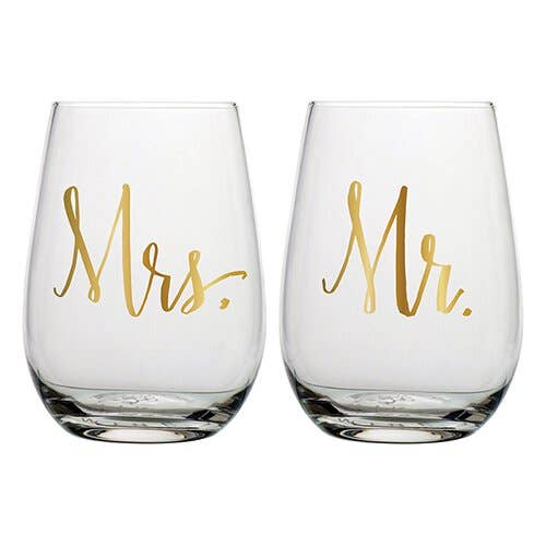 Stemless Wine Glasses, Mr & Mrs 2pk - 20 oz